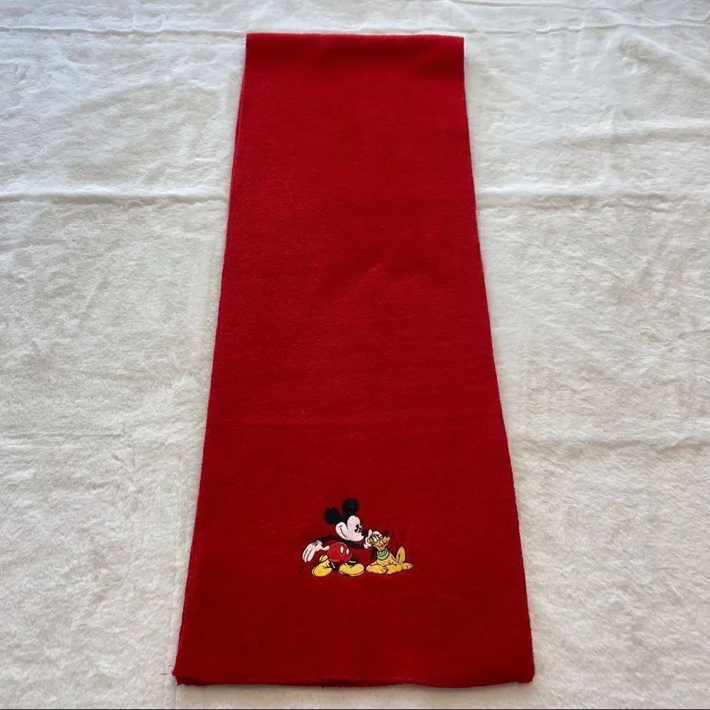 The Disney Store Red Scarf W/Embroidered Mickey and Pluto